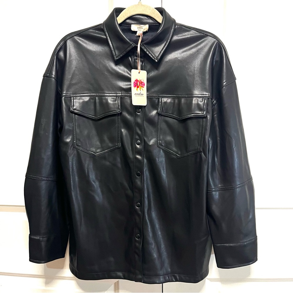 Anthropologie Entro Black Oversized Lightweight Faux leather Shirt Jacket Sz S - Picture 2 of 13